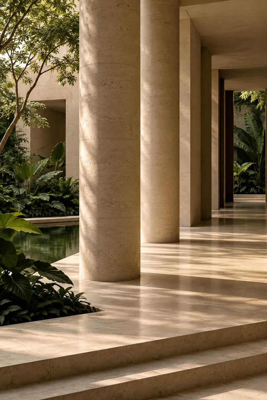 Conceptual ivory colonnade with rounded pillars in a quiet courtyard